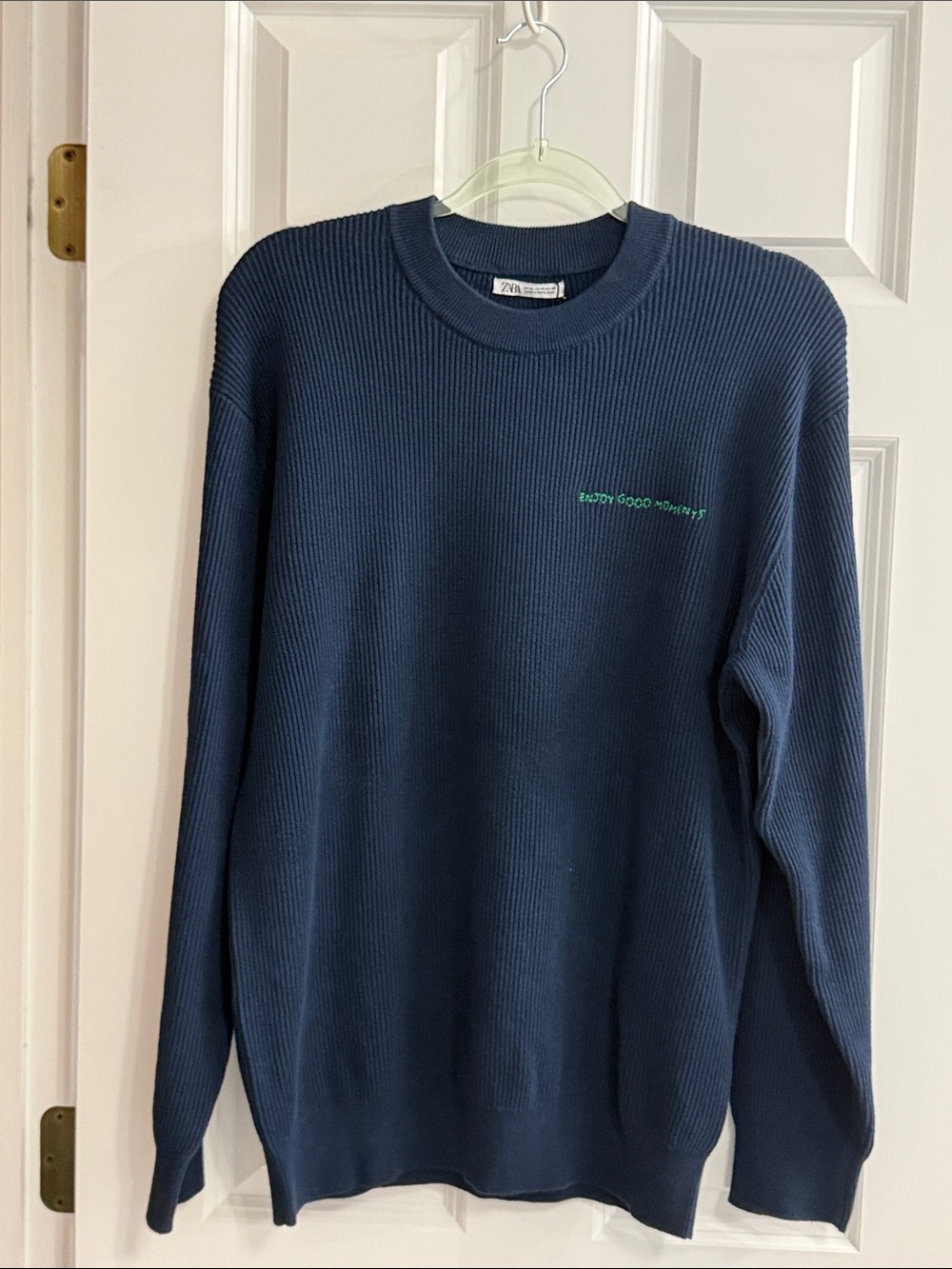 Zara Navy Rib-Knit Crewneck Sweater with Green Logo NWT